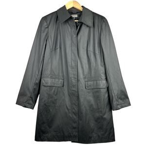 EUC Giacca Medium Black Hidden Buttons Belted Women's PVC Trench Rain Coat